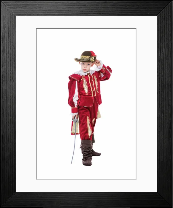 Framed Print : Little boy posing in musketeer suit Little boy posing in red musketeer suit with sword Framed Print : Little boy posing in musketeer suit Little boy posing in red musketeer suit with sword