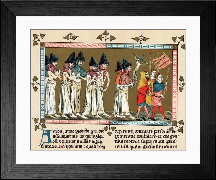 Framed Print : Flagellants or Brothers of the Cross in Netherlands town of Doornik 1349 scourging themselves as they walk through
