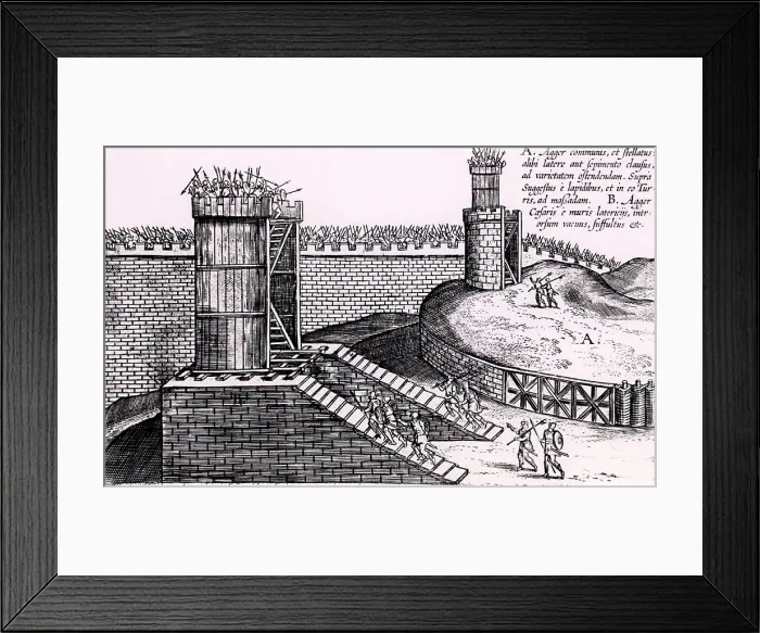 Framed Print : Roman siege towers positioned to give attackers the advantage of height above the city walls Framed Print : Roman siege towers positioned to give attackers the advantage of height above the city walls