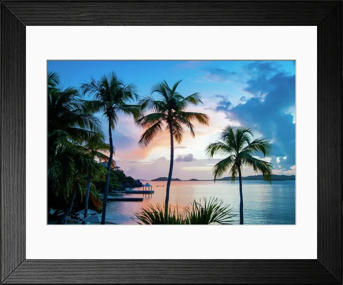 Framed Print : Sunset and palm trees on the Caribbean island of Saint Thomas, Virgin Islands; St. Thomas, US Virgin Islands Framed Print : Sunset and palm trees on the Caribbean island of Saint Thomas, Virgin Islands; St. Thomas, US Virgin Islands