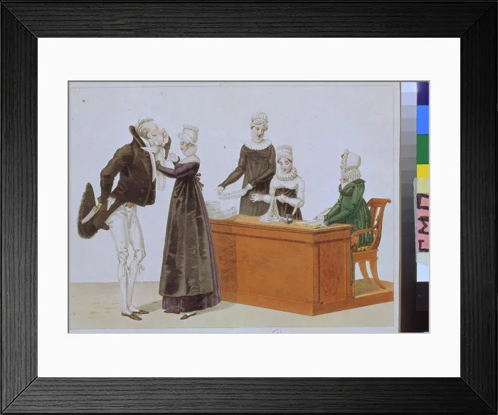 Framed Print : Trying on Jabot by Anonymous / State Museum of A.S. Pushkin, Moscow / c. 1815 / Watercolour on paper / Caricature / Genre Framed Print : Trying on Jabot by Anonymous / State Museum of A.S. Pushkin, Moscow / c. 1815 / Watercolour on paper / Caricature / Genre