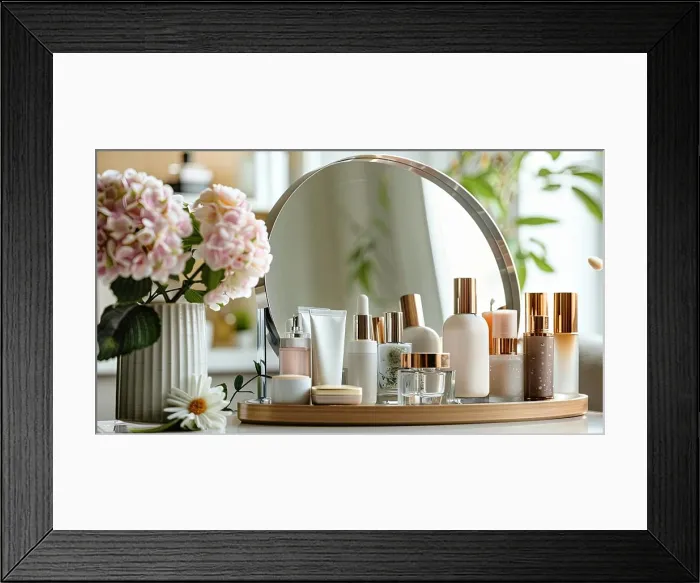 Framed Print : A vanity table with a mirror and various cosmetic products arranged neatly on a wooden tray