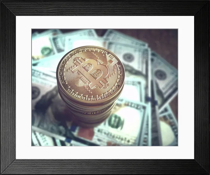 Framed Print : Bitcoin and one hundred US dollar notes, illustration Framed Print : Bitcoin and one hundred US dollar notes, illustration