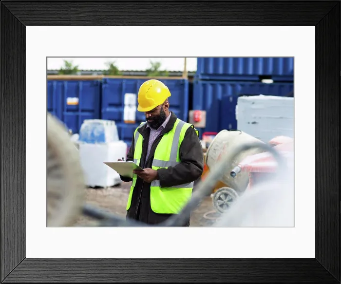 Framed Print : Foreman with clipboard at construction site Framed Print : Foreman with clipboard at construction site