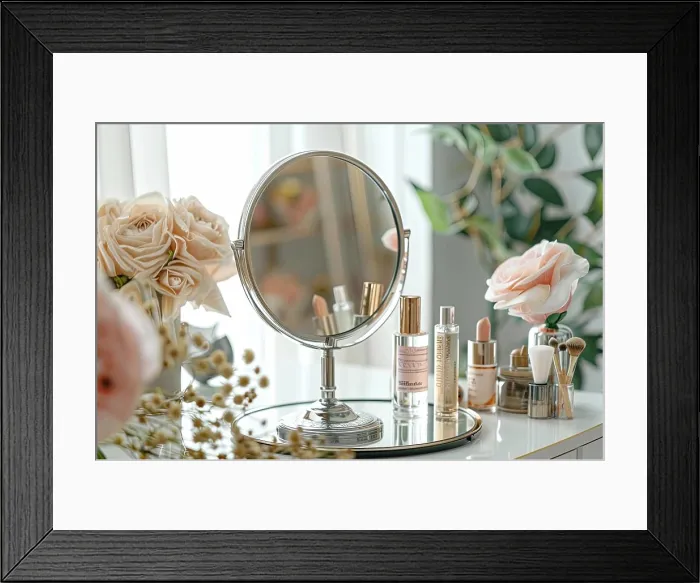 Framed Print : A tabletop mirror with a silver stand is surrounded by various cosmetic products and flowers on a vanity table Framed Print : A tabletop mirror with a silver stand is surrounded by various cosmetic products and flowers on a vanity table