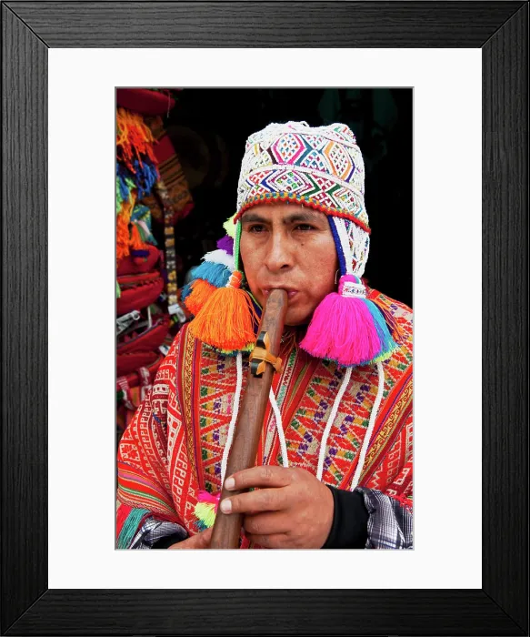 Framed Print : Real Shaman religious man playing music in small town of Pisaq Peru (MR)