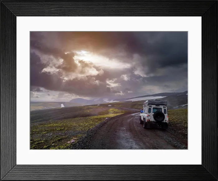 Framed Print : Dramatic sky over off-road car driving along remote dirt road at¶ÿFjallabak Nature Reserve Framed Print : Dramatic sky over off-road car driving along remote dirt road at¶ÿFjallabak Nature Reserve