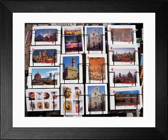 Framed Print : Close-up of a postcard rack, Florence, Italy Framed Print : Close-up of a postcard rack, Florence, Italy