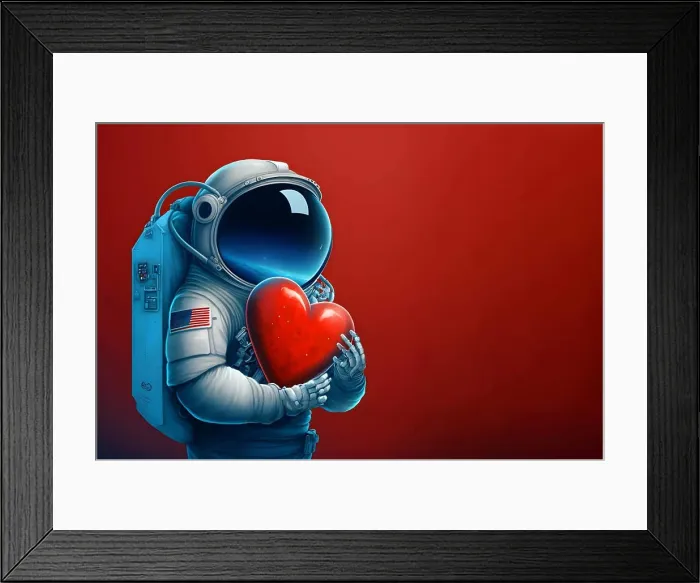 Framed Print : cosmonaut in space suit holding red heart, neural network generated art Framed Print : cosmonaut in space suit holding red heart, neural network generated art