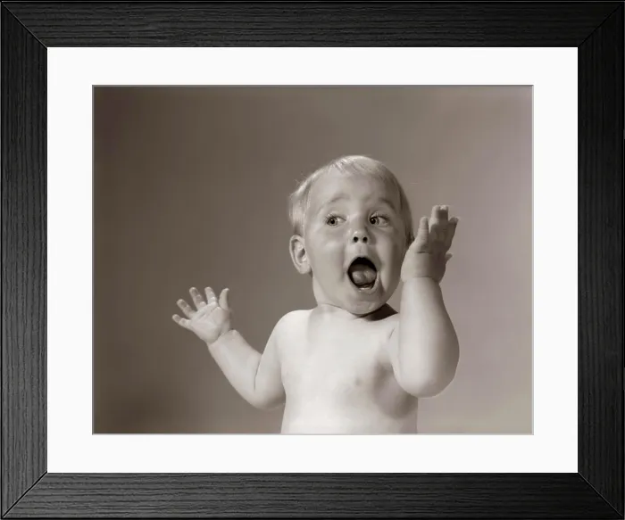 Framed Print : 1960S Portrait Baby With Hands In Air And Eyes & Mouth Wide Open Framed Print : 1960S Portrait Baby With Hands In Air And Eyes & Mouth Wide Open