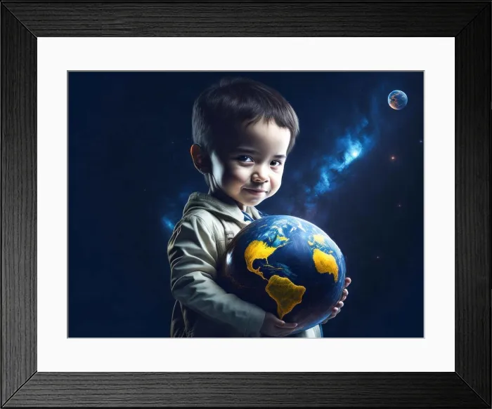 Framed Print : Small child is holding the Earth. Save the planet. Earth Day. Future is in Their Hands. Generative Ai Framed Print : Small child is holding the Earth. Save the planet. Earth Day. Future is in Their Hands. Generative Ai