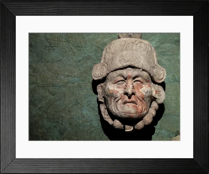 Framed Print : A sculpture of a man's head is displayed at the archeological museum at the ancient Mayan city of Tonina Framed Print : A sculpture of a man's head is displayed at the archeological museum at the ancient Mayan city of Tonina