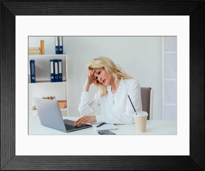 Framed Print : online communication woman with phone at laptop remote work conversation on skype internet Framed Print : online communication woman with phone at laptop remote work conversation on skype internet