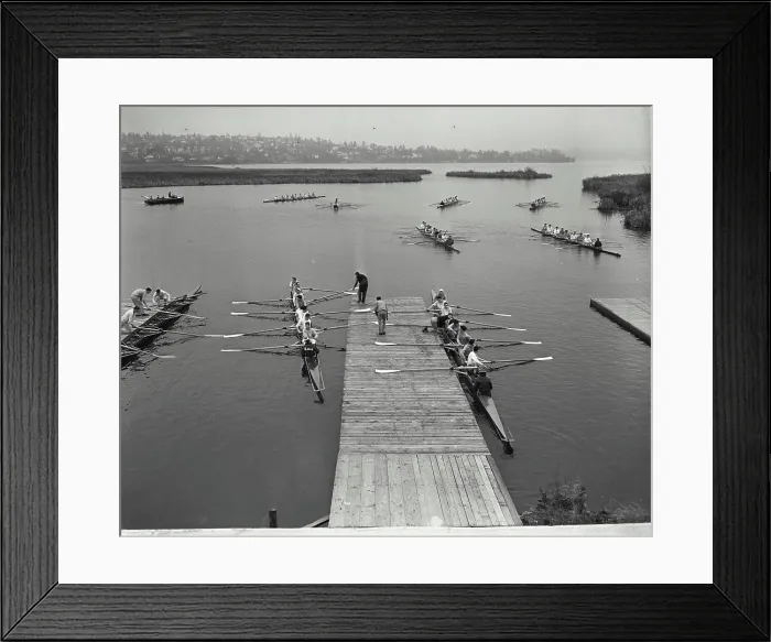 Framed Print : High angle view of rowboats in a sweep rowing race, Lake Washington, Washington, USA Framed Print : High angle view of rowboats in a sweep rowing race, Lake Washington, Washington, USA