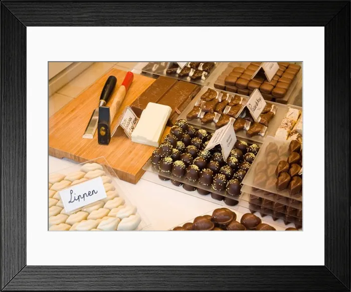 Framed Print : Chocolates in a store, Simon Stevin Plaza, Bruges, Belgium