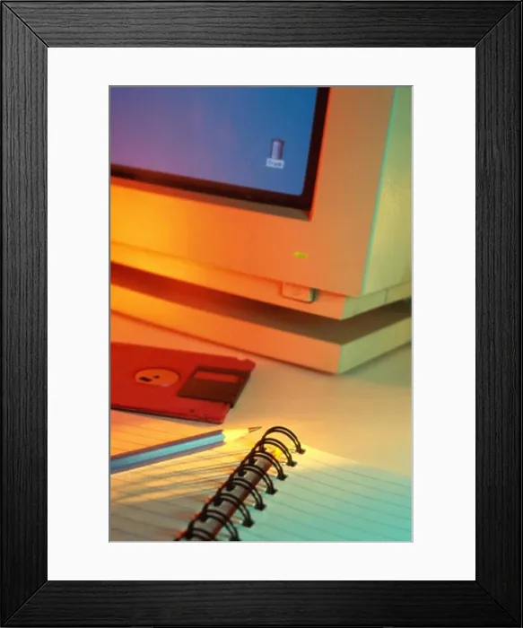 Framed Print : Close-up of a computer monitor near a floppy disk Framed Print : Close-up of a computer monitor near a floppy disk