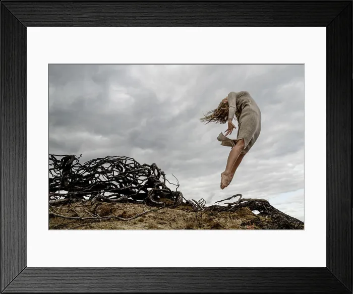 Framed Print : From below young ballerina in black wear with upped hands in air near dry branches and blue sky in clouds Framed Print : From below young ballerina in black wear with upped hands in air near dry branches and blue sky in clouds