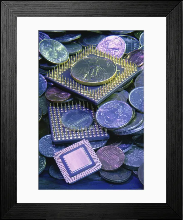 Framed Print : Close-up of computer chips and coins Framed Print : Close-up of computer chips and coins
