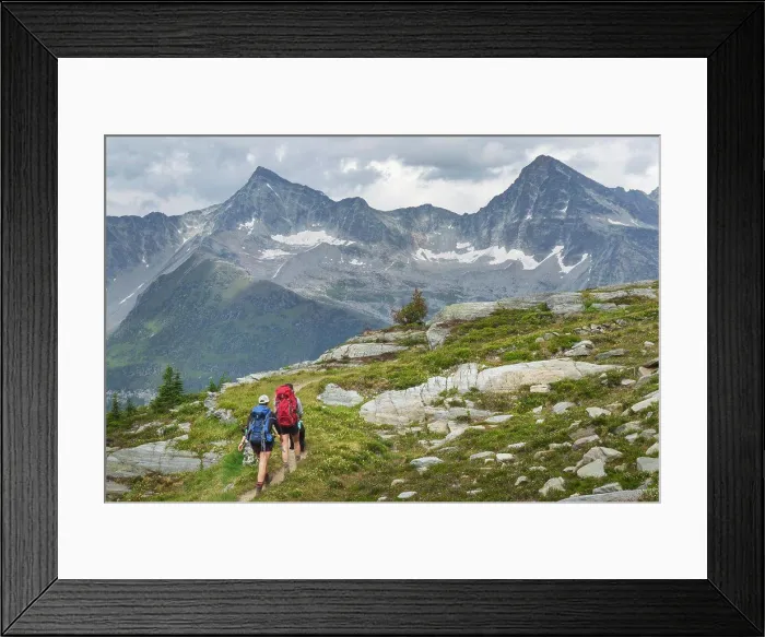 Framed Print : Two female hikers with black dog on Abbott Ridge Trail. Selkirk Mountains Glacier National Park British Columbia