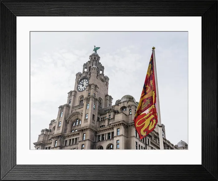 Framed Print : Royal arms of England in front of the Royal Liver Building on the Liverpool waterfront two days after Queen Elizabeth Framed Print : Royal arms of England in front of the Royal Liver Building on the Liverpool waterfront two days after Queen Elizabeth