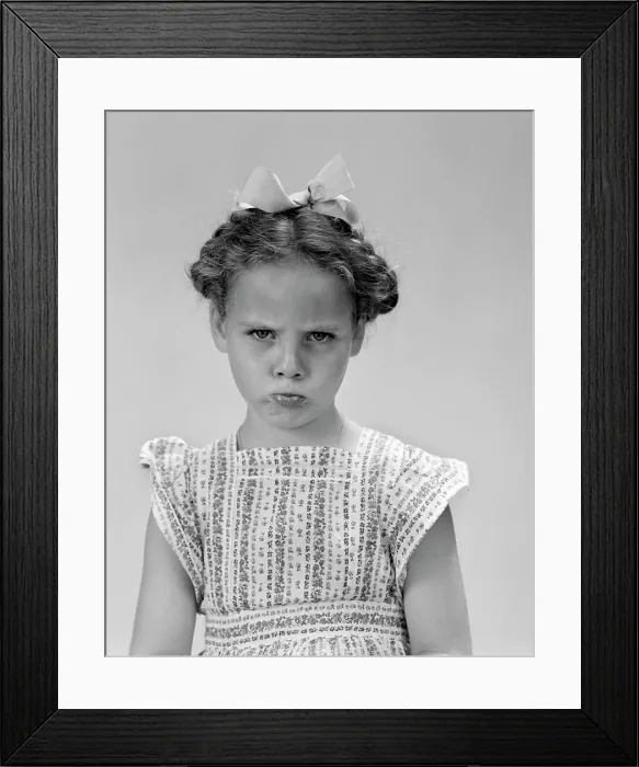 Framed Print : 1940S Little Girl Looking Sad Pouting Frowning Framed Print : 1940S Little Girl Looking Sad Pouting Frowning