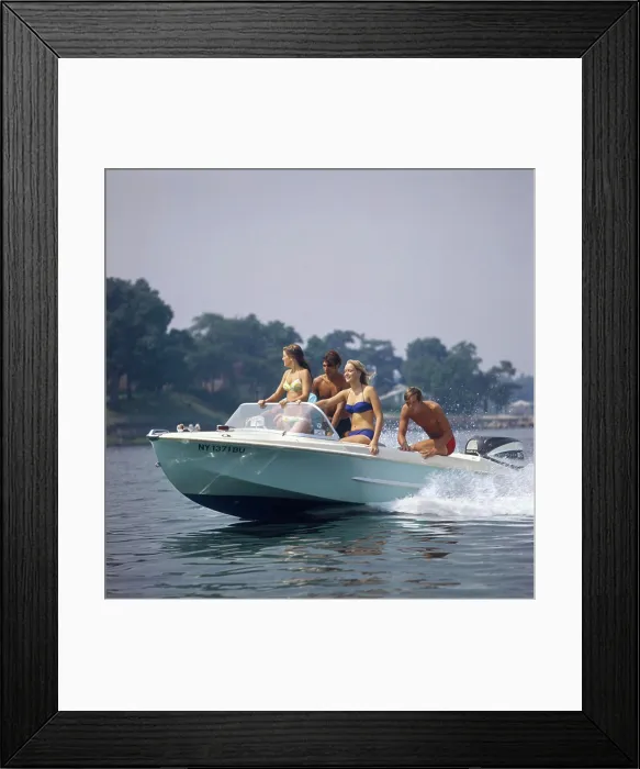 Framed Print : 1960S Two Teen Couples In Motorboat Summer Two Piece Bathing Suit Speed Fun Summer Lake Recreation Spray