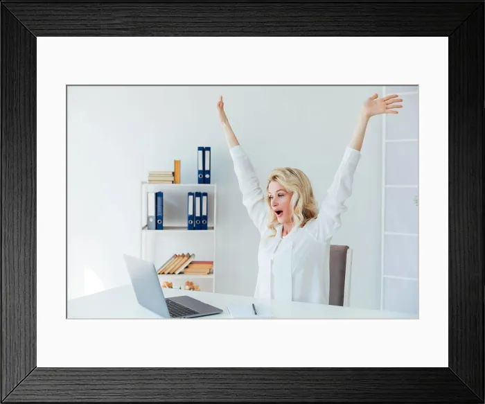 Framed Print : emotional woman at the laptop communication remote work conversation on skype internet online