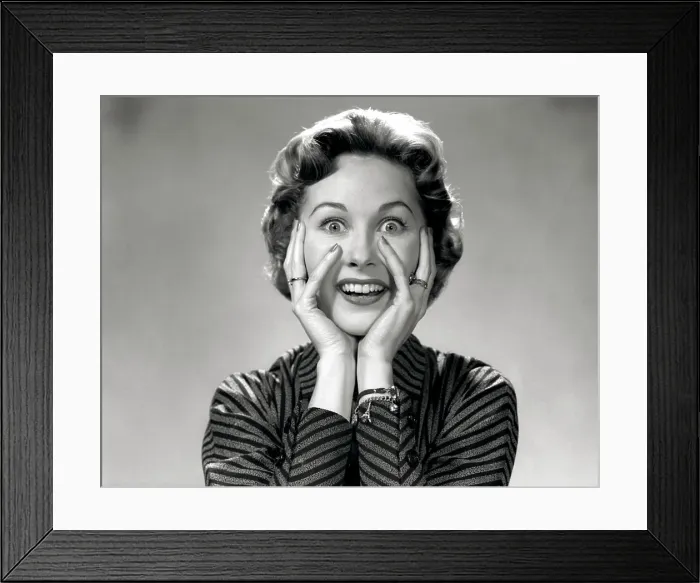 Framed Print : 1950S 1960S Portrait Of Wacky Woman Hands On Face With Smiling Excited Happy Funny Face Surprised Expression Looking At