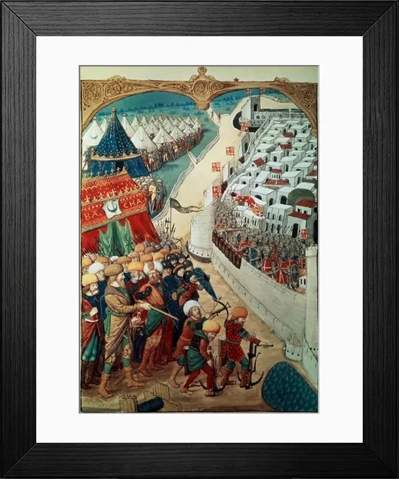 Framed Print : Troops of Sultan Mohammed II laying seige to Constantinople in 1453, miniature, Turkey 15th Century Framed Print : Troops of Sultan Mohammed II laying seige to Constantinople in 1453, miniature, Turkey 15th Century