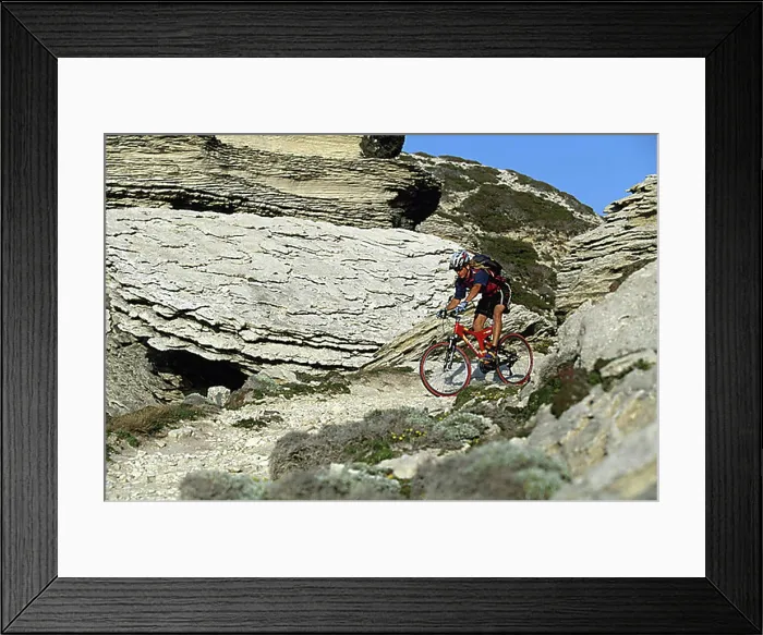 Framed Print : Mountainbiker, Bonifacio, Corsica, France, Europe Framed Print : Mountainbiker, Bonifacio, Corsica, France, Europe
