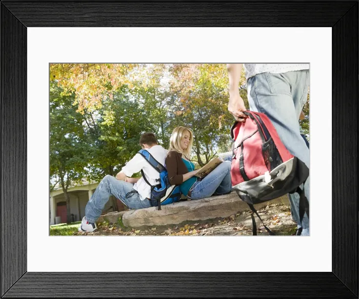 Framed Print : Two college friends sitting back to back at park