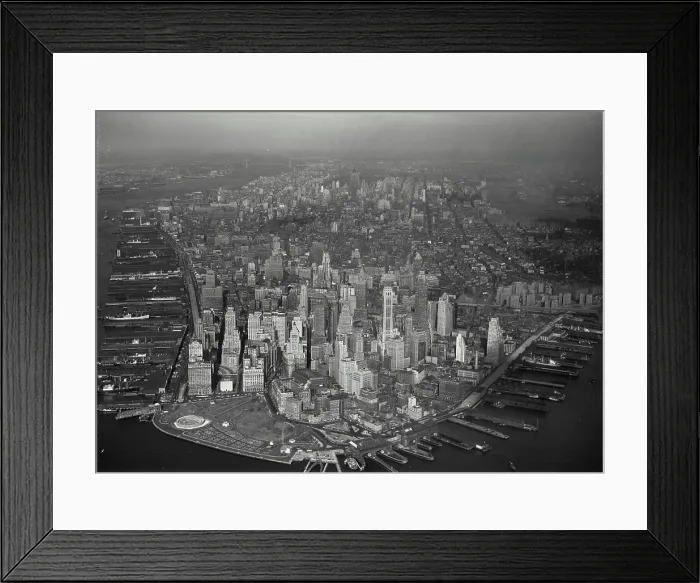 Framed Print : Vintage Photograph. Aerial view of Lower Manhattan showing the Financial District and newly constructed Battery Park Framed Print : Vintage Photograph. Aerial view of Lower Manhattan showing the Financial District and newly constructed Battery Park