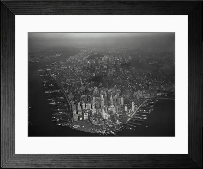 Framed Print : Vintage Photograph. Aerial view of Lower Manhattan showing the Financial District and newly constructed Battery Park Framed Print : Vintage Photograph. Aerial view of Lower Manhattan showing the Financial District and newly constructed Battery Park