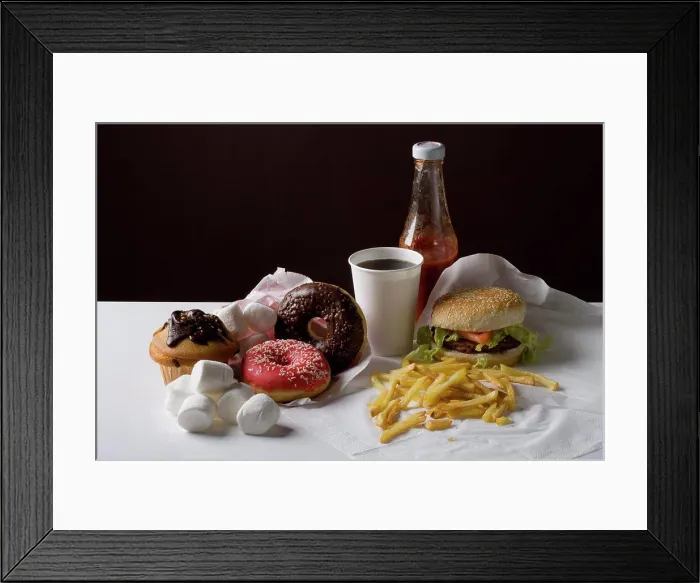 Framed Print : Stereotypical American fast food meal and snack food Framed Print : Stereotypical American fast food meal and snack food
