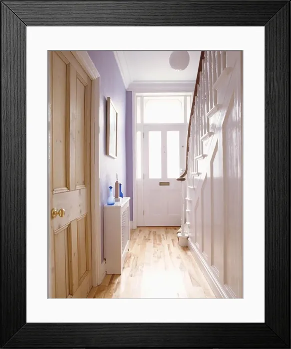 Framed Print : Pine doors and laminate wood flooring in pale mauve hall Framed Print : Pine doors and laminate wood flooring in pale mauve hall