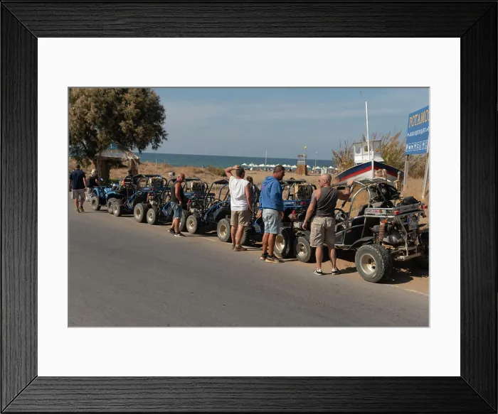 Framed Print : Crete, Greece, Europe. @2022. Twin seat quad bikes and passengers take a break from their safari at Potamos Beach, Malia Framed Print : Crete, Greece, Europe. @2022. Twin seat quad bikes and passengers take a break from their safari at Potamos Beach, Malia