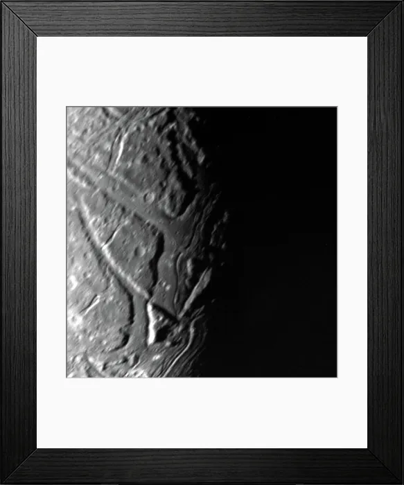Framed Print : This NASA Voyager 2 view of Uranus moon Ariel's terminator shows a complex array of transecting valleys with Framed Print : This NASA Voyager 2 view of Uranus moon Ariel's terminator shows a complex array of transecting valleys with