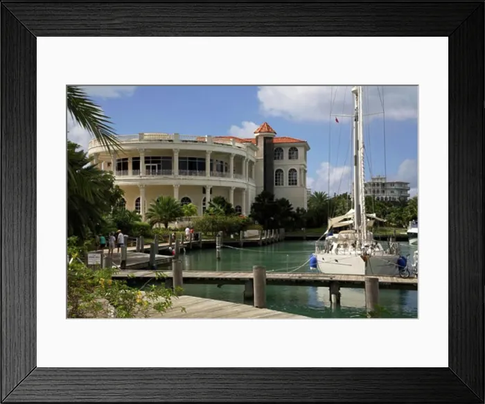 Framed Print : Yacht moored in a harbor in front of a casino, Grand Princess Casino, Jolly Harbor, Antigua Framed Print : Yacht moored in a harbor in front of a casino, Grand Princess Casino, Jolly Harbor, Antigua