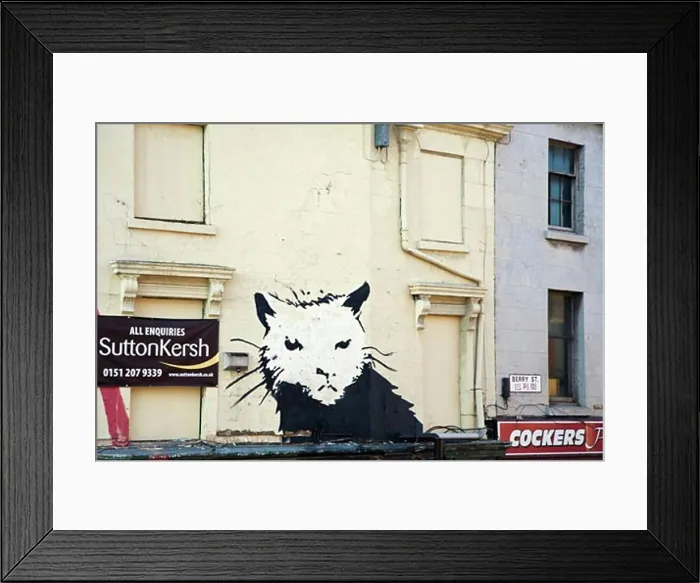 Framed Print : Graffiti as art on the walls of a disused pub in Liverpool painting street artist Banksy value derelict property