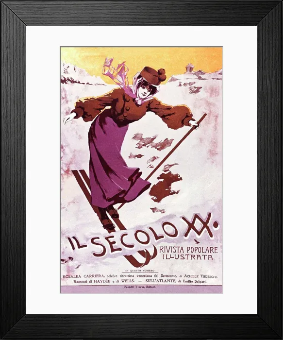Framed Print : Woman skiing by Anonymous artist, Colour lithograph, 1900s, Private Collection