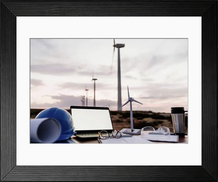 Framed Print : Wind turbine model by laptop with blank screen on desk at wind farm Framed Print : Wind turbine model by laptop with blank screen on desk at wind farm