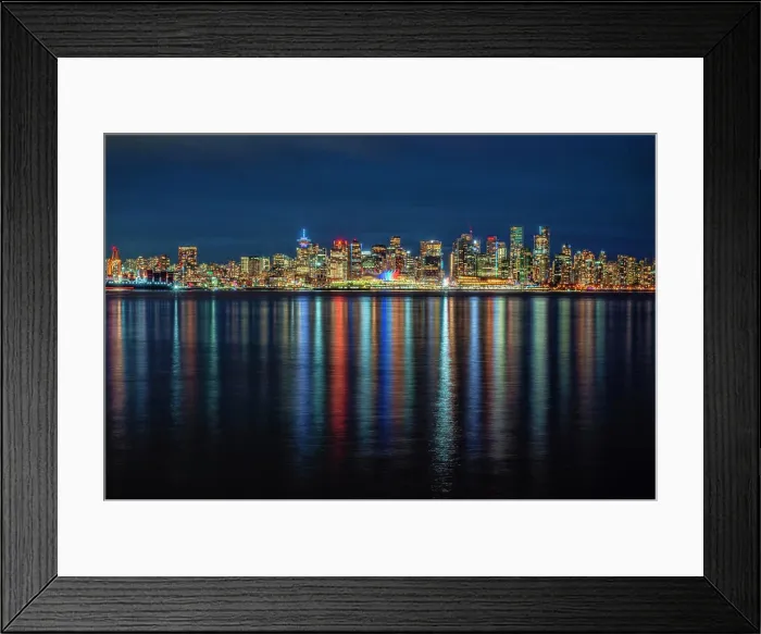 Framed Print : Canada, British Columbia, Vancouver. Downtown reflections in ocean at night Framed Print : Canada, British Columbia, Vancouver. Downtown reflections in ocean at night