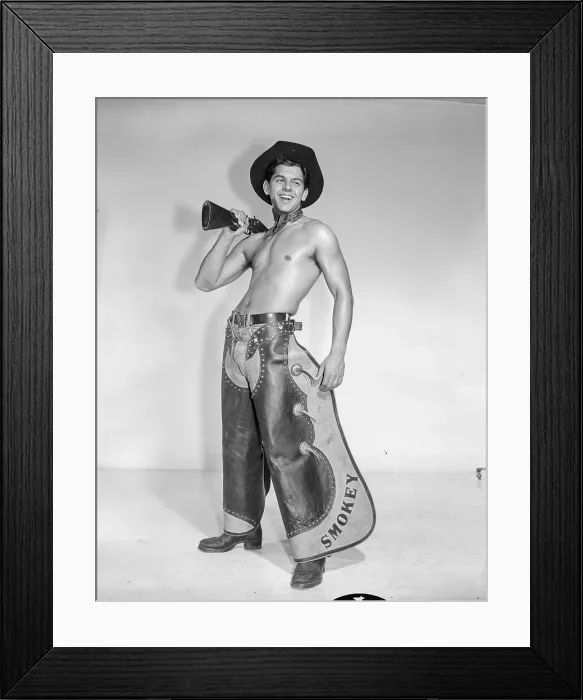 Framed Print : Shirtless Cowboy in Chaps with Rifle and Boots c.1959 Framed Print : Shirtless Cowboy in Chaps with Rifle and Boots c.1959