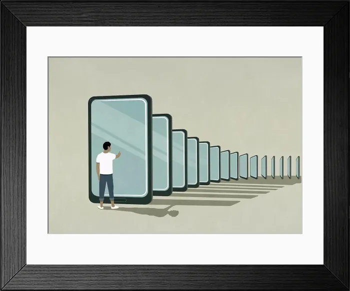 Framed Print : Man standing at smart phone dominoes