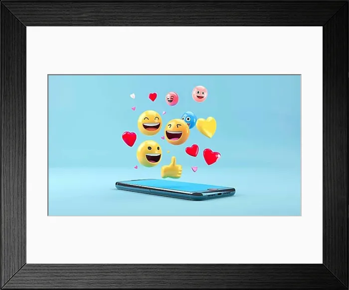 Framed Print : 3D emojis emerging from a cellphone, representing positive emotions, AI generated