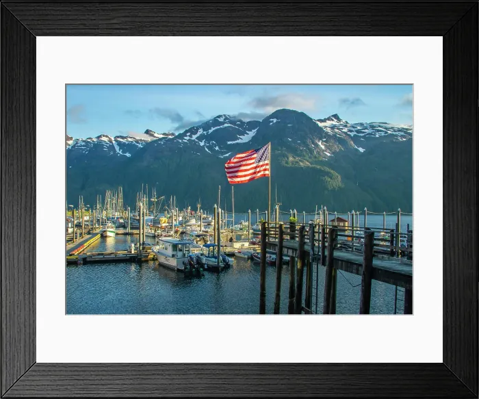 Framed Print : USA, Alaska, Tongass National Forest. Marina boats in town of Pelican