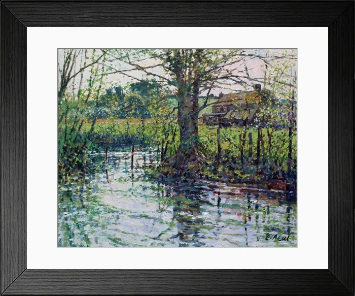 Framed Print : UK, Gloucestershire, Cirencester, River Churn, Bauton Meadows by Charles Neal, oil on canvas, (b.1951) Framed Print : UK, Gloucestershire, Cirencester, River Churn, Bauton Meadows by Charles Neal, oil on canvas, (b.1951)