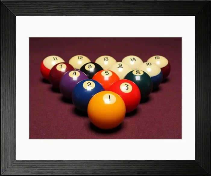 Framed Print : Fifteen billiard balls arranged in triangle on pool table