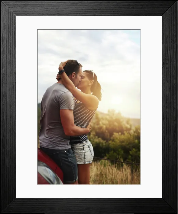 Framed Print : Road trip, love or couple kiss in park for date