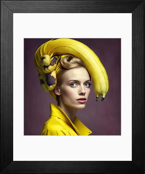 Framed Print : studio shot of a woman wearing a banana looking hat. Generative AI
